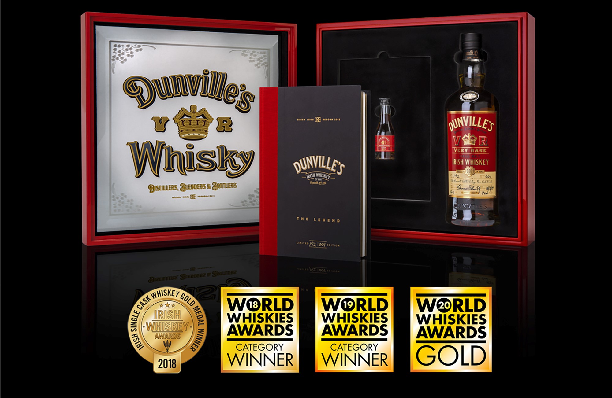 Dunville's VR Rum Finish 18 Year Old Irish Whiskey with presentation box and awards logos on black