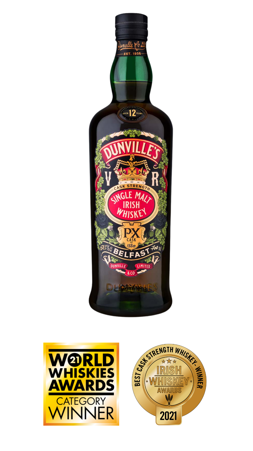 Dunville's PX Cask Strength cask 1330 with Irish Whiskey Awards and World Whisky Awards logo